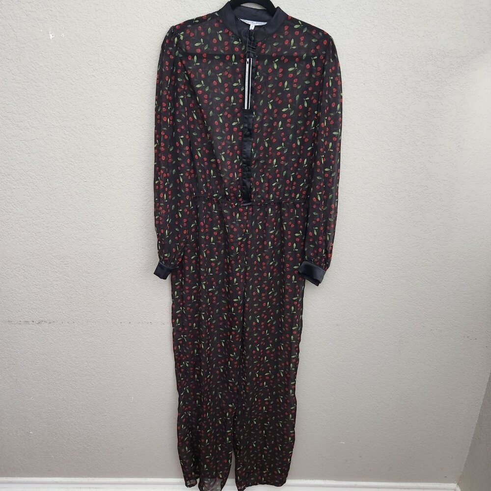 Millie Mackintosh Womens Jumpsuit Size 12 Cherry Print Sheer Black Whimsigoth